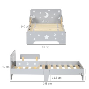Pat pentru copii 3-6 ani cu stele si luna din MDF si PAL, 143x76x49 cm, culoare gri si lemn - Img 3