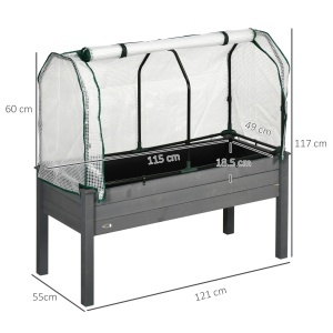 Pat pentru Grădină Ridicat cu Acoperiș din PE, Jardinieră Ridicată din Brad cu 4 Găuri de Drenaj, pentru Flori și Legume, pentru Grădină, Balcon, 121x55x117 cm, Gri Închis - Img 3