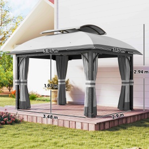 Pavilion de Grădină cu Perdele, Plasă, Acoperiș Ventilat și Cadru Metalic Galvanizat, 395x330x294 cm, Gri - Img 3