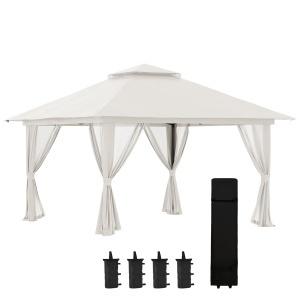 Pavilion Pliabil Pop-Up 4x4 m cu Înălțime Reglabilă pe 3 Niveluri, Pavilion Exterior cu Plasă de Țânțari, Saci de Nisip, Geantă de Transport, UV50+, pentru Grădină Camping Petreceri, Crem - Img 1