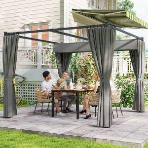 Pergolă Retractabilă 3x3 m, Foișor de Grădină cu Perdele, pentru Grătar, Terasă, Deck, Bej - Img 2