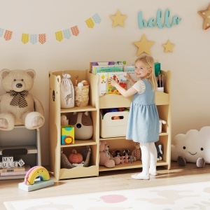 Raft pentru Jucării pentru Copii 3-8 Ani cu 7 Rafturi Deschise, Mobilier pentru Copii din MDF, 92x29x79 cm, Culoare Lemn - Img 2