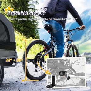 Remorcă Bicicletă pentru Câini Talie Medie cu Ferestre Laterale și Steag, 130x73x90 cm, Gri și Negru - Img 6