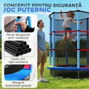 Saltea Elastică pentru Copii 3-6 Ani cu Plasă de Protecție, 6 Stâlpi și 3 Intrări, Ø140x190 cm, Multicolor - Img 4