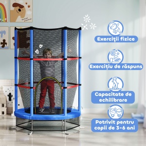 Saltea Elastică pentru Copii 3-6 Ani cu Plasă de Protecție, 6 Stâlpi și 3 Intrări, Ø140x190 cm, Albastru - Img 4