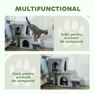 Scara pentru Pisici cu 4 Trepte Reglabile, 2 Căsuțe și Stâlp pentru Zgâriat Gri - Img 5