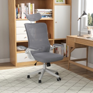 Scaun de Birou cu Inaltime Reglabila cu Tetiera, Suport Lombar si Cotiere Rabatabile, 65x64x120-130 cm, Gri si Negru - Img 2