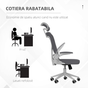 Scaun de Birou cu Inaltime Reglabila cu Tetiera, Suport Lombar si Cotiere Rabatabile, 65x64x120-130 cm, Gri si Negru - Img 8
