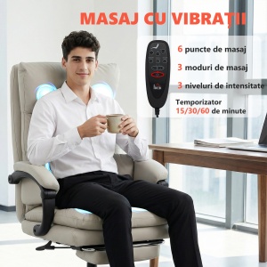 Scaun de Birou cu Masaj la 6 Puncte și Funcție de Încălzire, Reglabil 135° din Piele PU cu Suport pentru Picioare, Brațe Tapițate, Înălțime Reglabilă, Spătar Înalt, Gri Deschis - Img 4
