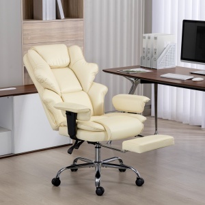 Scaun de birou cu suport pentru picioare și tetieră, din piele PU, spumă și metal, 76x73x117-125 cm, crem - Img 2