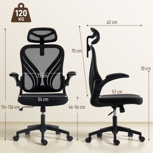 Scaun de Birou Ergonomic cu Brațe Rabatabile și Spătar Pliabil, Scaun pentru Birou cu Funcție de Balansare, Tetieră Reglabilă, Rotativ, Negru - Img 3