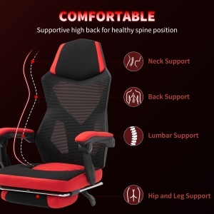 Scaun de Birou Ergonomic și Reclinabil cu Suport pentru Picioare Negru și Roșu - Img 4