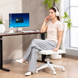 Scaun de Birou Ergonomic și Reglabil cu Spătar Curbat, din Piele PU și Oțel, 58x53x97-107 cm, Alb - Img 9