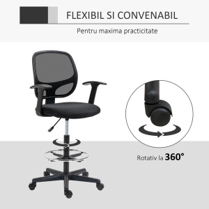 Scaun de birou reglabil pe inaltime cu cotiere, roti pivotante si scaun captusit cu cauciuc spuma, 60x56x110-132cm, negru - Img 6