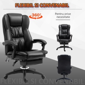 Scaun de birou, Scaun directorial, Scaun pivotant, cu functie de masaj, functie de inclinare, piele artificiala, spuma, plastic PP, nailon, negru, 68,5 x 68,5 x 119-127 cm - Img 7