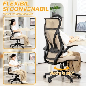 Scaun Ergonomic de Birou cu Brațe Rabatabile, Tetieră, Înălțime Reglabilă și Funcție de Leagăn, 66x66x121 cm, Bej - Img 8