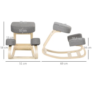 Scaun ergonomic din lemn cu perna captusita din spuma de cauciuc, 51x69x58, Gri - Img 3
