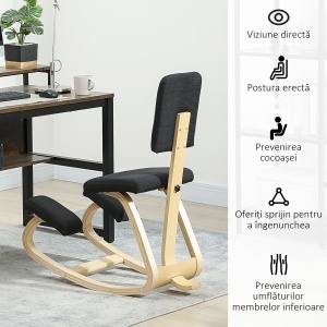 Scaun Ergonomic pentru Genunchi din Țesătură cu Aspect de In și Lemn de Mesteacăn, Negru - Img 5