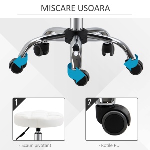 Scaun Rotativ cu Roti, Rotund, Scaun pentru Coafor și Estetician cu Înălțime Ajustabilă, Tapițat în Piele Ecologică, Ø35.5x51-67 cm, Alb - Img 6