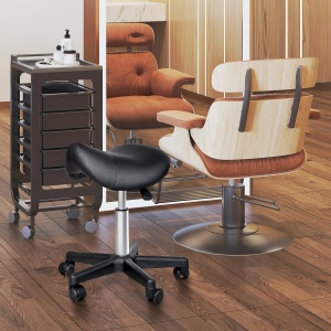 Scaun Rotativ cu Roți, Scaun pentru Coafor și Estetician cu Înălțime Ajustabilă, Tapițat cu Piele Ecologică, 35x38x43-55 cm, Negru - Img 2