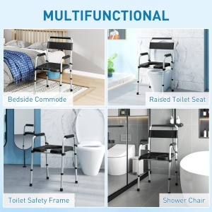 Scaun Toaletă Pliabil cu Găleată Detașabilă, Brațe și Spătar din Oțel și Piele PU, 52,5x46x81,5-97 cm, Negru - Img 4