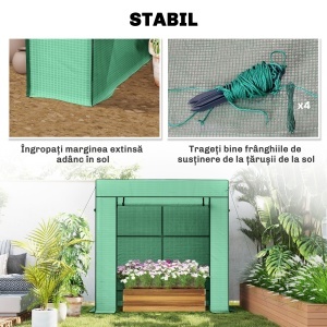 Seră de Grădină cu Acoperiș Înclinat, 2 Ferestre și Ușă Rulabilă, Seră pentru Legume cu Structură din Oțel, Acoperire din PE Anti-UV, pentru Legume, Flori, Plante, 196x77x197 cm, Verde - Img 7