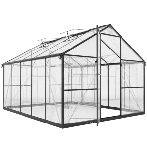 Seră de Grădină din Policarbonat cu Cadru din Aluminiu 7.5㎡, Seră pentru Grădină cu Jgheaburi, 2 Ferestre Superioare Reglabile, Ușă cu Balamale, Anti-UV, 304x247x205 cm, Negru