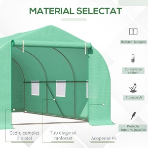 Seră pentru Grădină cu 6 Ferestre, Ușă Rulantă și Acoperiș Învelit PE, 4,5x3x2 m, Verde Închis - Img 5