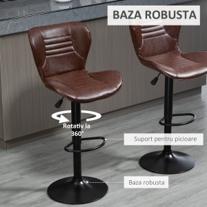 Set 2 Scaune de Bar cu Înălțime Reglabilă, Șezut Rotativ și Suport pentru Picioare, 46,5x54x88-108 cm, Maro - Img 5