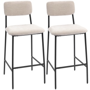 Set 2 Scaune de Bar cu Spătar Înalt, Suport pentru Picioare și Tapițerie din Chenille, Crem