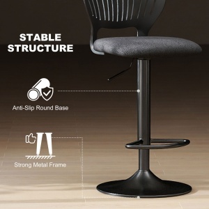 Set 2 Scaune de Bar Reglabile, Scaune de Bucătărie Înalte din Material Textil cu Efect de In cu Spătar, Suport pentru Picioare și Șezut Moale, Cadru Metalic, Scaune Rotative la 360°, Negru - Img 7