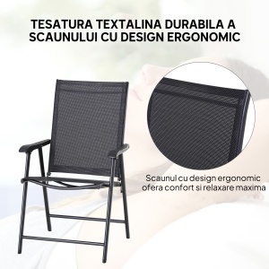 Set 2 Scaune de Grădină Pliabile cu Brațe, Scaune pentru Prânz de Exterior din Metal și Texteline, pentru Terasă, Balcon, Curte, Interior și Exterior, 58x64x94cm, Negru - Img 4