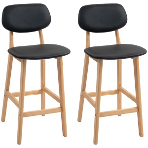 Set 2 Taburete cu Spătar și Tapițerie din Piele Artificială, Taburete Înalte din Lemn, 42x47x92 cm, Natural și Negru