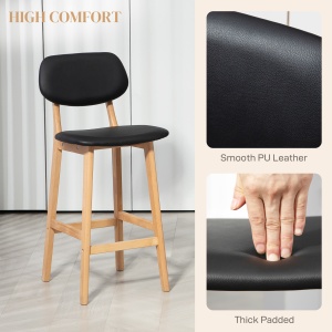 Set 2 Taburete cu Spătar și Tapițerie din Piele Artificială, Taburete Înalte din Lemn, 42x47x92 cm, Natural și Negru - Img 5