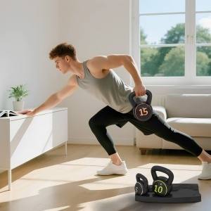 Set 3 Kettlebell de 2.2 kg, 4.5 kg și 6.8 kg cu Suport pentru Greutăți, din Plastic și Nisip, Negru - Img 8