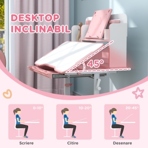 Set Birou pentru Copii 3-12 Ani Reglabil pe Înălțime și Blat Înclinabil la 45°, 80x55x107.5 cm, Culoare Roz - Img 4