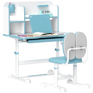 Set Birou și Scaun pentru Copii 3-12 Ani, Reglabil pe Înălțime cu Blat Înclinabil 0-45° 80×55×107,5 cm, Albastru - Img 1