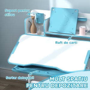 Set Birou și Scaun pentru Copii 3-12 Ani, Reglabil pe Înălțime cu Blat Înclinabil 0-45° 80×55×107,5 cm, Albastru - Img 6