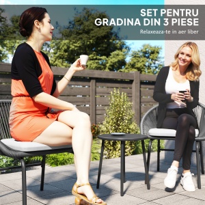 Set Bistro pentru Terasa din 3 Piese, Set cu Perne Moi pentru Sezut, Set de Mobilier din Rachita, Negru - Img 4
