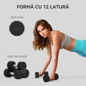 Set de 2 Gantere de 12 kg din Metal și Cauciuc, Set Gantere Fitness cu Mâner Antiderapant, 26x14x14 cm, Negru - Img 4