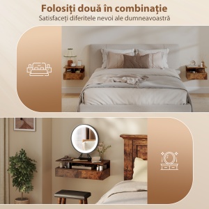 Set de 2 Noptiere Suspendate cu Sertar și Raft Deschis, 35x32x22.5 cm, Maro Rustic - Img 6
