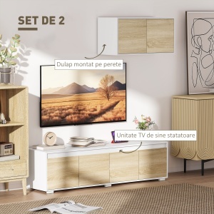 Set de 2 Piese pentru Televizor cu Dulap de Perete, Unitate de Divertisment Independenta pentru Televizoare de 70 de inci, cu Rafturi Reglabile si Gauri pentru Cabluri, Natur - Img 4