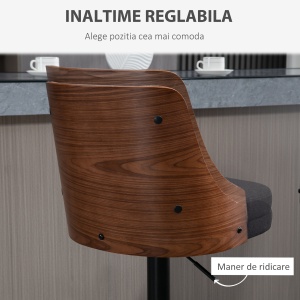 Set de 2 scaune de bar cu inaltime reglabila, scaune de bar pivotante cu inaltime reglabila, cu suport pentru picioare, scaune de bar din tesatura de in, negru si nuc - Img 5