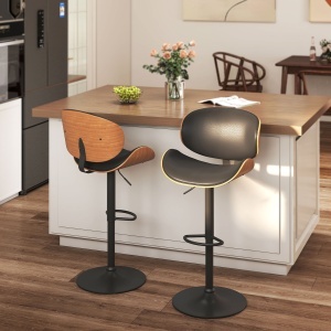 Set de 2 Scaune de Bar cu Spătar Reglabil pe Înălțime, Lemn și Piele Ecologică, 53x52x92-112 cm, Negru - Img 2