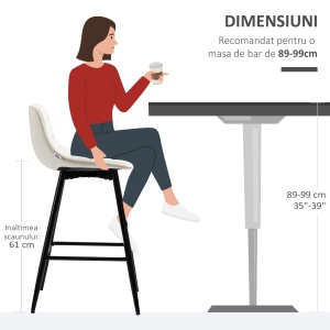 Set de 2 scaune de bar cu spatar si suport pentru picioare, scaune inalte tapitate in stil nordic din metal si catifea, alb-crem, 45x47x84 cm - Img 7