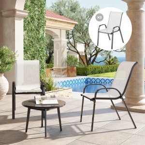 Set de 2 Scaune de Exterior pentru Masă, Scaune Stivuibile cu Spătar Înalt, Șezut din Plasă Respirabilă pentru Grădină, Terasă, Gri Deschis - Img 2