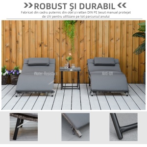 Set de 2 Sezlonguri Pliabile, Sezlong de Gradina din Ratan cu Perne Detasabile Lavabile si Masa Pliabila, Gri - Img 6