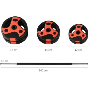 Set de bare si placi de greutati de 20 kg cu maner antiderapant din PU, Ø17x140 cm, negru si rosu - Img 3