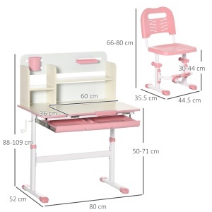 Set de Birou și Scaun pentru Copii de la 3 Ani Reglabil, Masă Inclinabilă 60° cu Sertar și Rafturi, Roz - Img 3