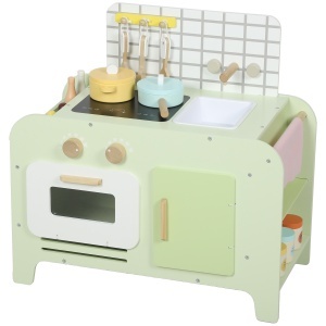 Set de Bucătărie de Jucărie din Lemn pentru Copii de 3+ Ani cu 15 Accesorii, Verde